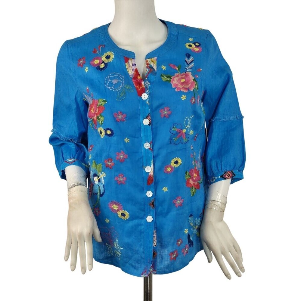 John Mark Women's Size PS Button Front Linen Tunic Blouse Top Blue Floral (38)
